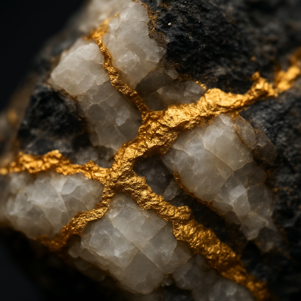 Gold veins running through quartz rock